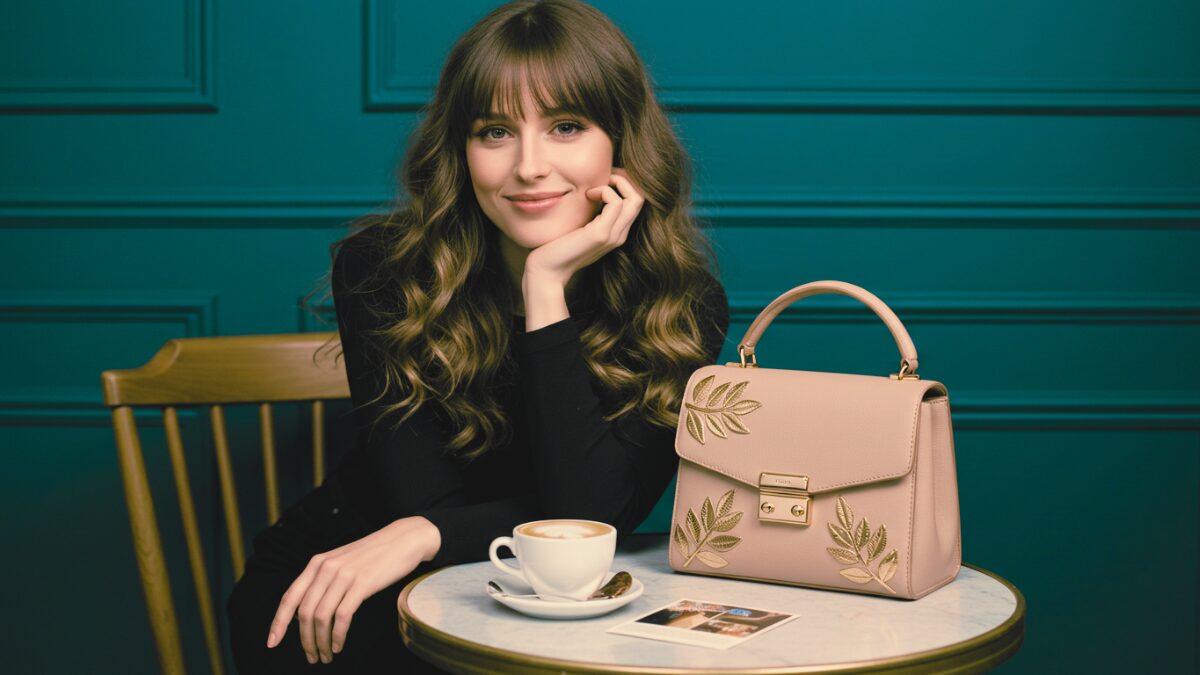 小さな丸テーブルに座ってコーヒーを飲みながら、深いブルーの壁の前で優雅にポーズをとるスタイリッシュな女性。巻き毛の茶髪に黒のブラウスを着た彼女は、柔らかく自信に満ちた表情でカメラを直視している。テーブルの上には、繊細な葉のモチーフとゴールドのチェーンストラップをあしらったミニマルなデザインのライトベージュのハンドバッグが置かれている。